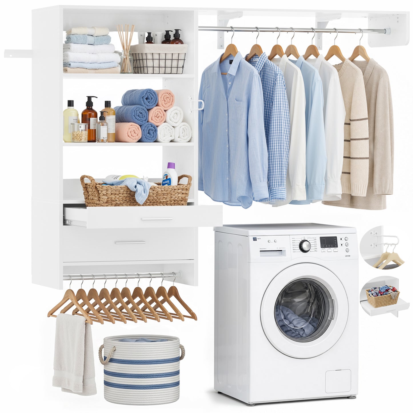 60" Wall Mounted Laundry Room Organization with Pull-out Shelf & Storage