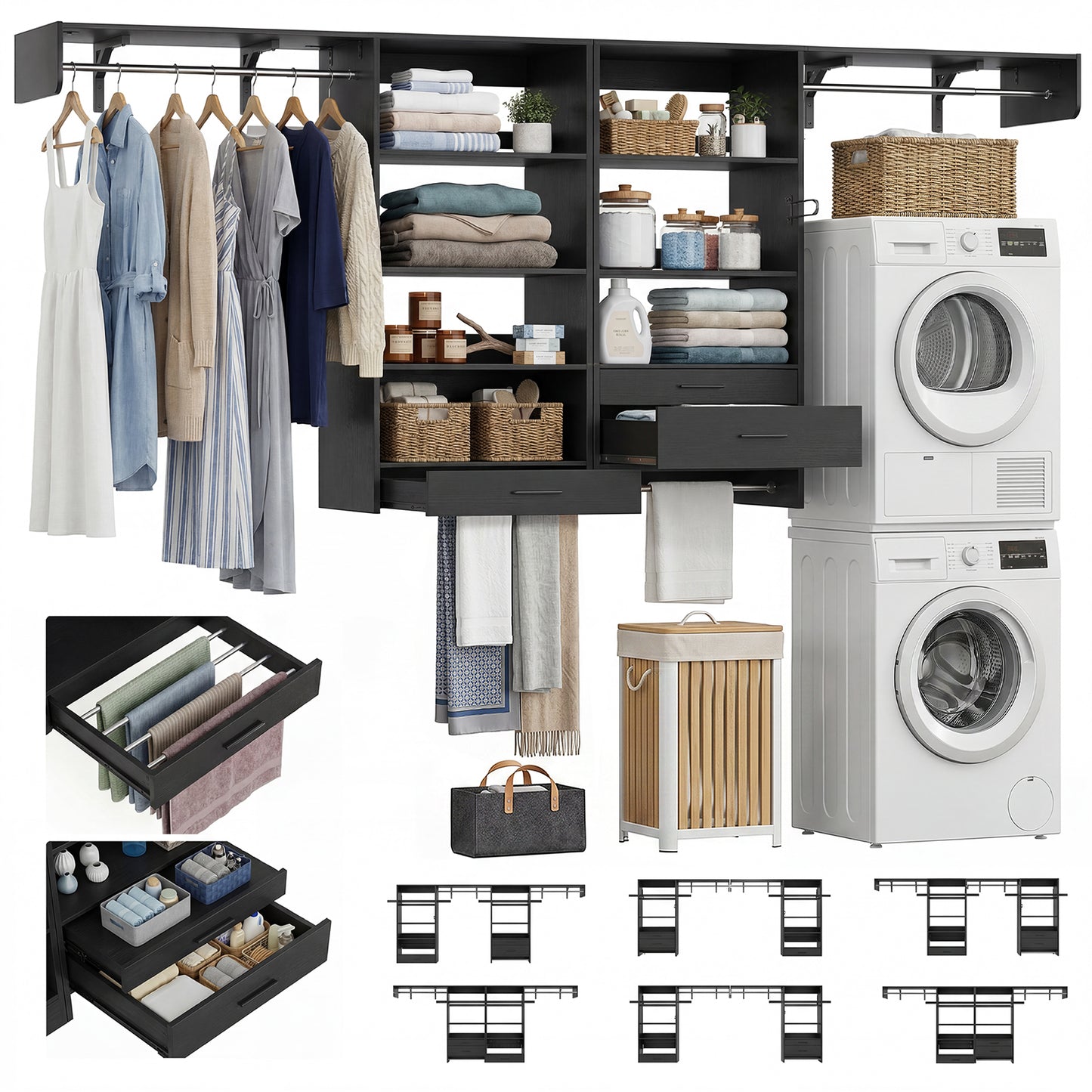 120" Wall Mounted Laundry Room Organization with Pull-out Rack and Pull-out Shelve