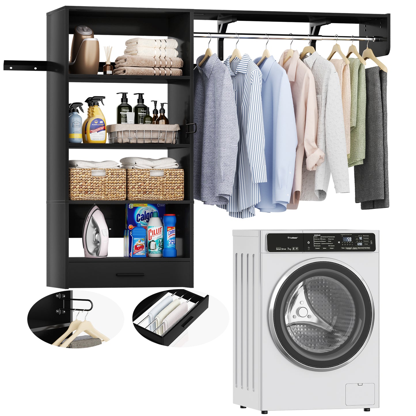 60" Wall Mounted Laundry Room Organization with Pull-out Clothes Drying Rack Drawer, 5FT Over Washer and Dryer Shelves With Hanger Rod