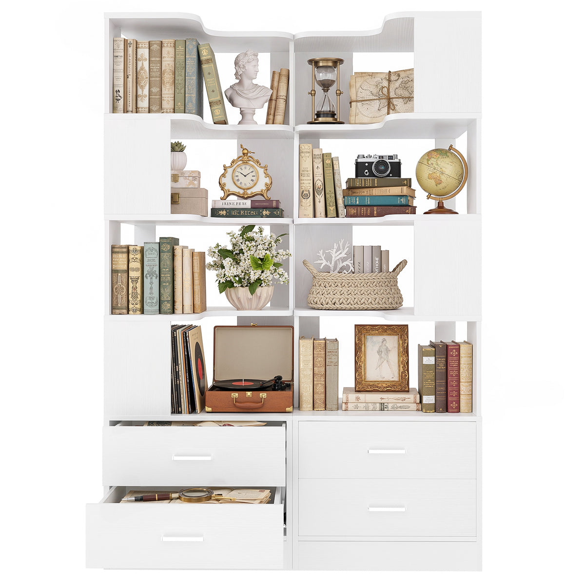 Corner Bookshelf with 4 Drawers, Small Corner Shelf with Drawers