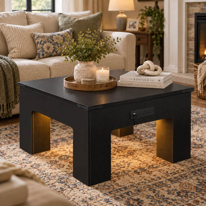 31.5" Square Coffee Table with Charging Station & LED Lights, 1" Thick Top