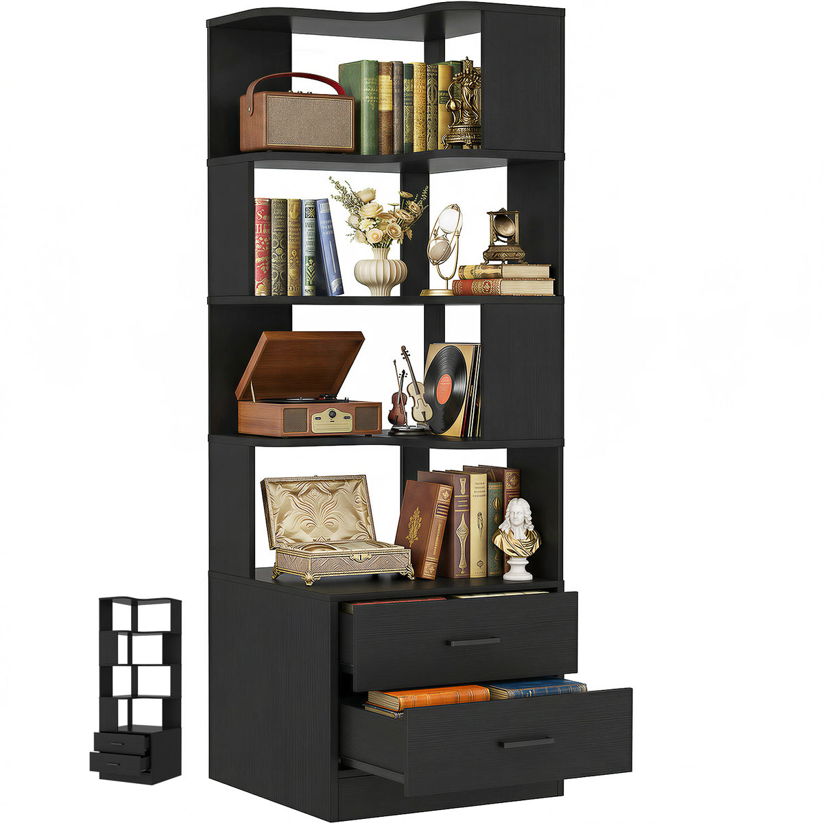 Corner Book Shelf with Drawers, Small Corner Shelf with Drawers
