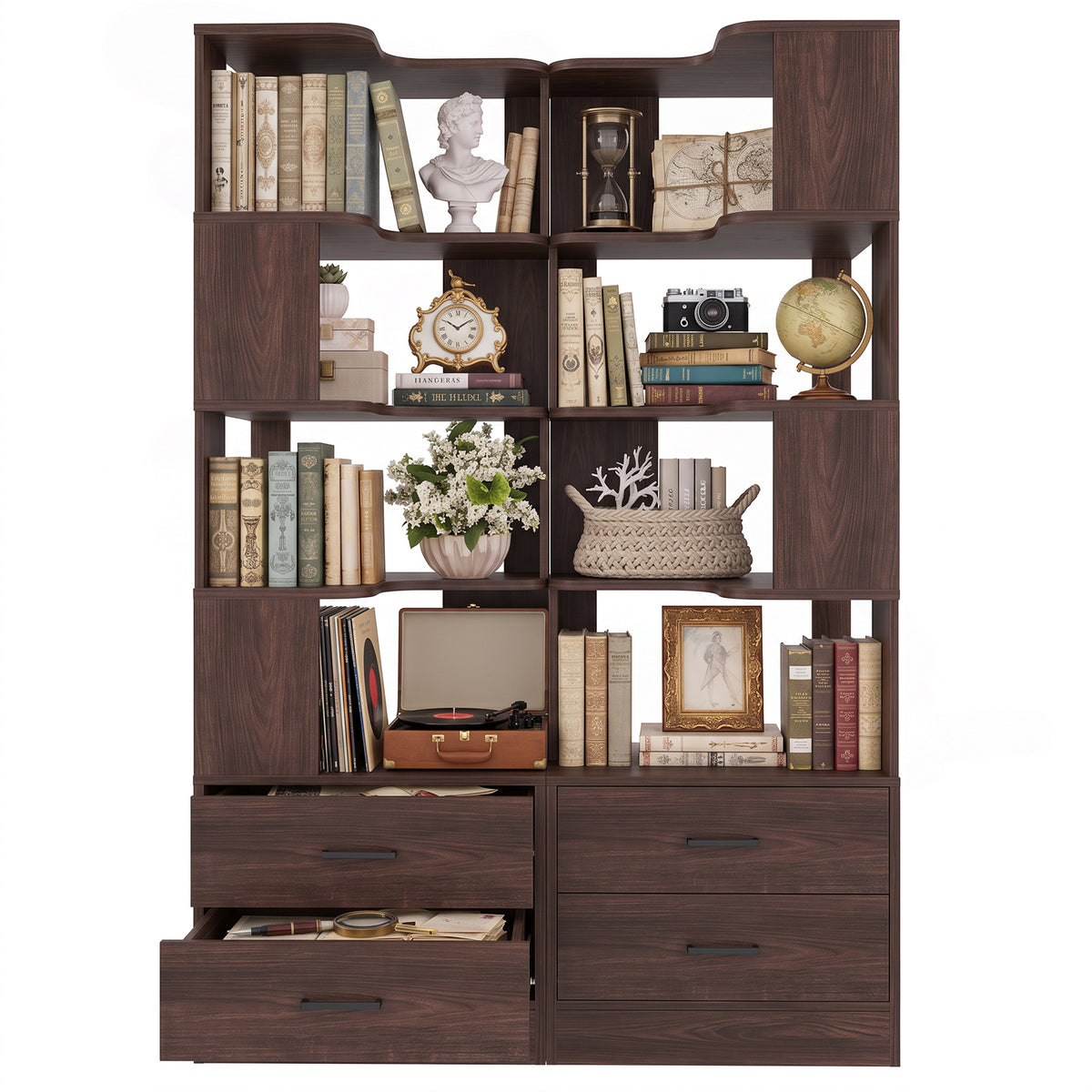 Corner Bookshelf with 4 Drawers, Small Corner Shelf with Drawers