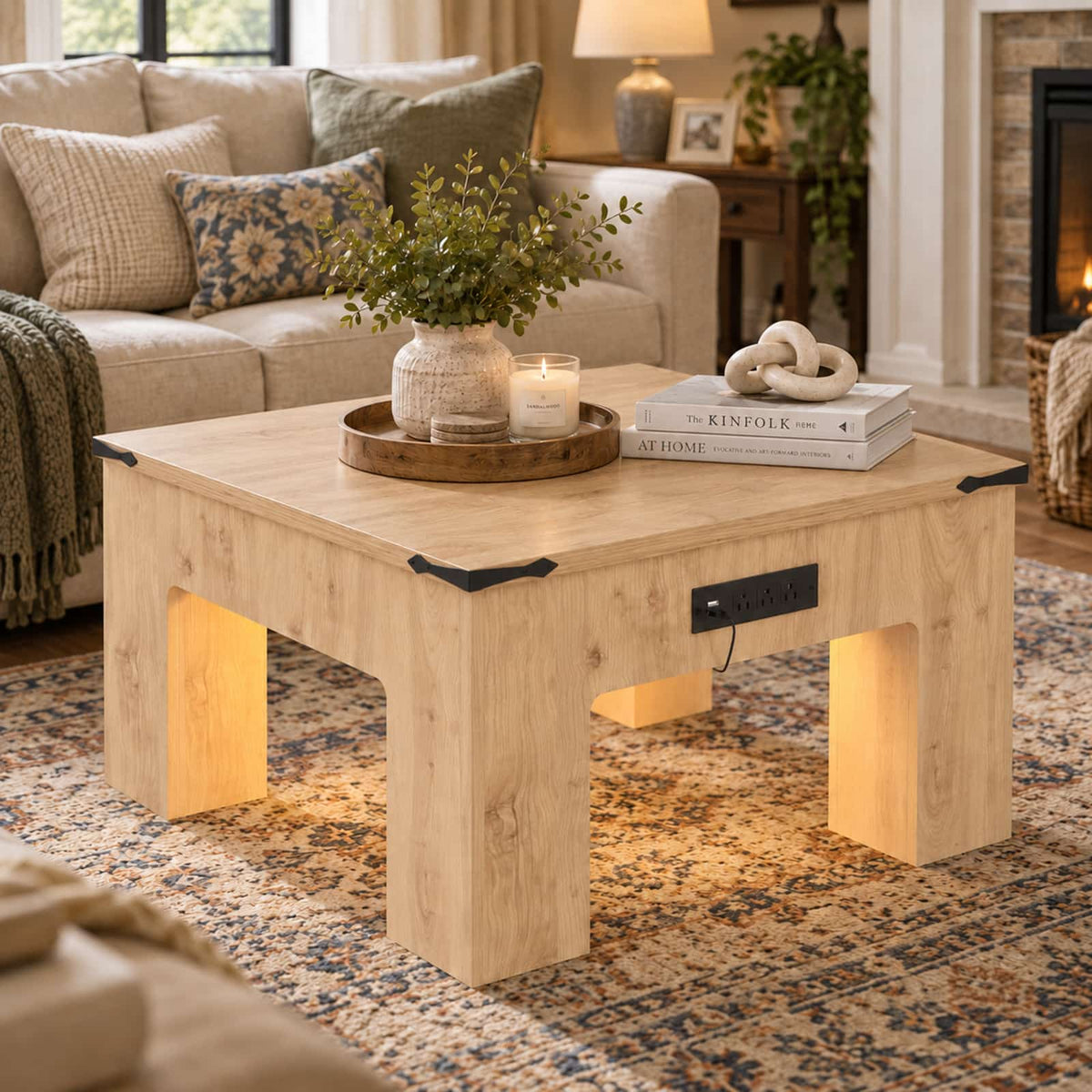 31.5" Square Coffee Table with Charging Station & LED Lights, 1" Thick Top