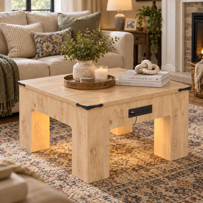 31.5" Square Coffee Table with Charging Station & LED Lights, 1" Thick Top