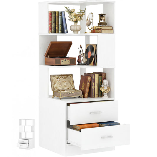 Corner Bookshelf with Drawers, Small Corner Shelf with Drawers