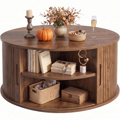 Round Coffee Table with Fluted Tambour Doors and Storage for Living Room