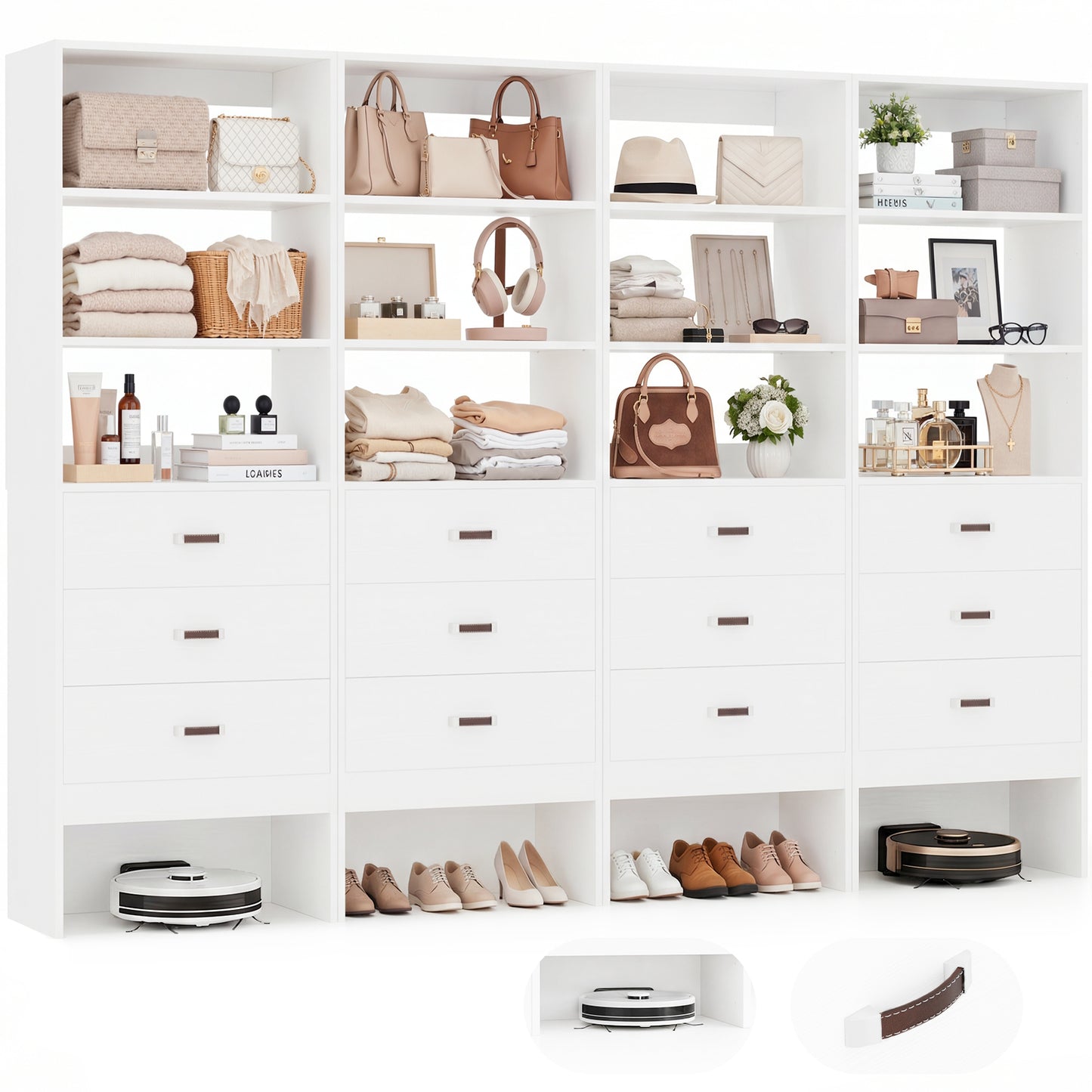 Freestanding 2FT Closet System with Leather Handles, 24" Walk-in Closets Storage Unit with Cabinet, Set of 4