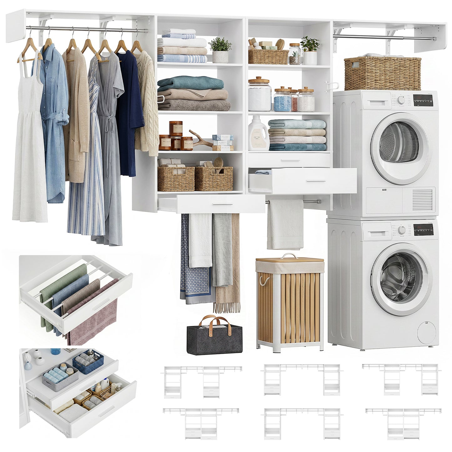 120" Large Laundry Room Organization Set with Pull-Out Drawer/Stand Shelf