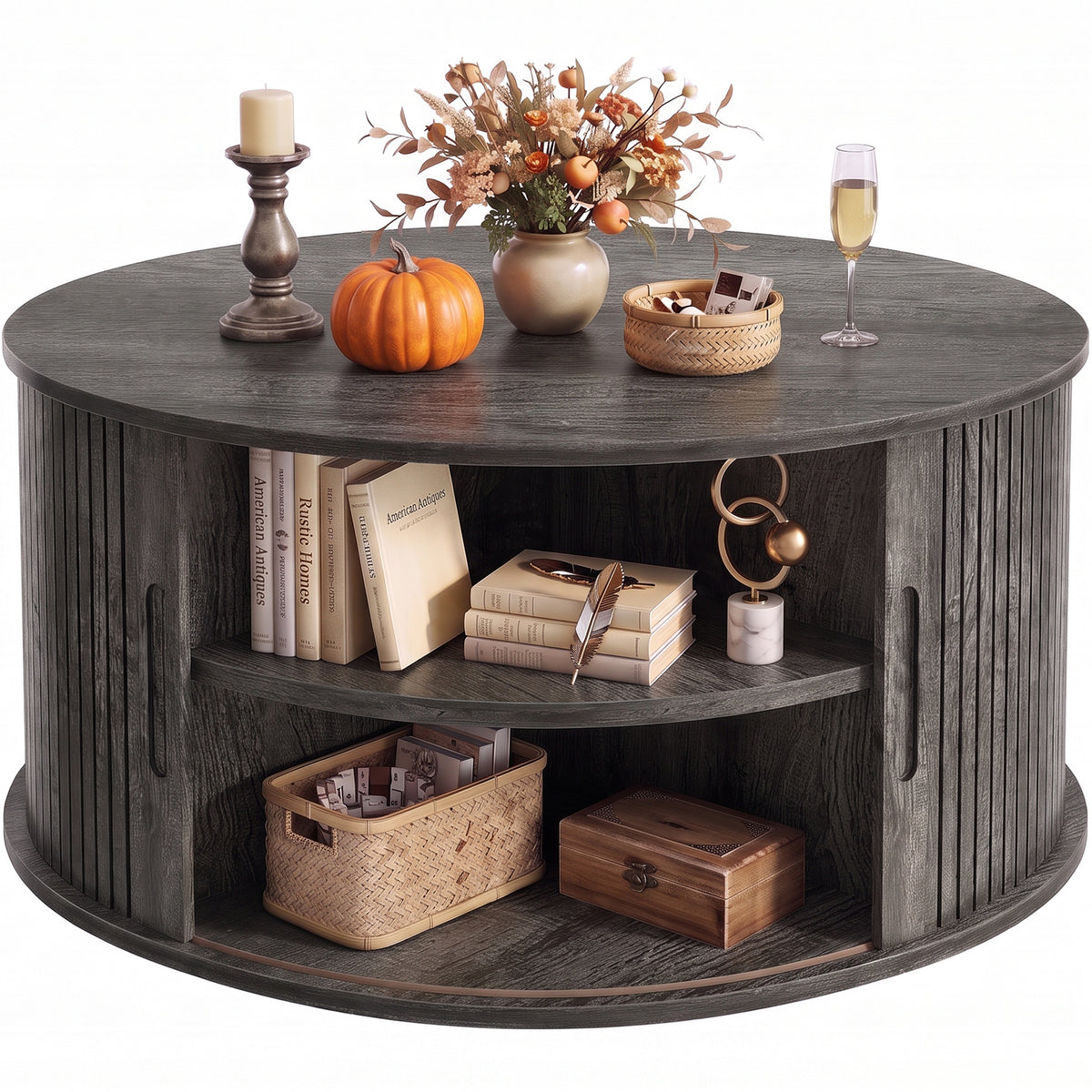 Round Coffee Table with Fluted Tambour Doors and Storage for Living Room