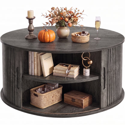 Round Coffee Table with Fluted Tambour Doors and Storage for Living Room