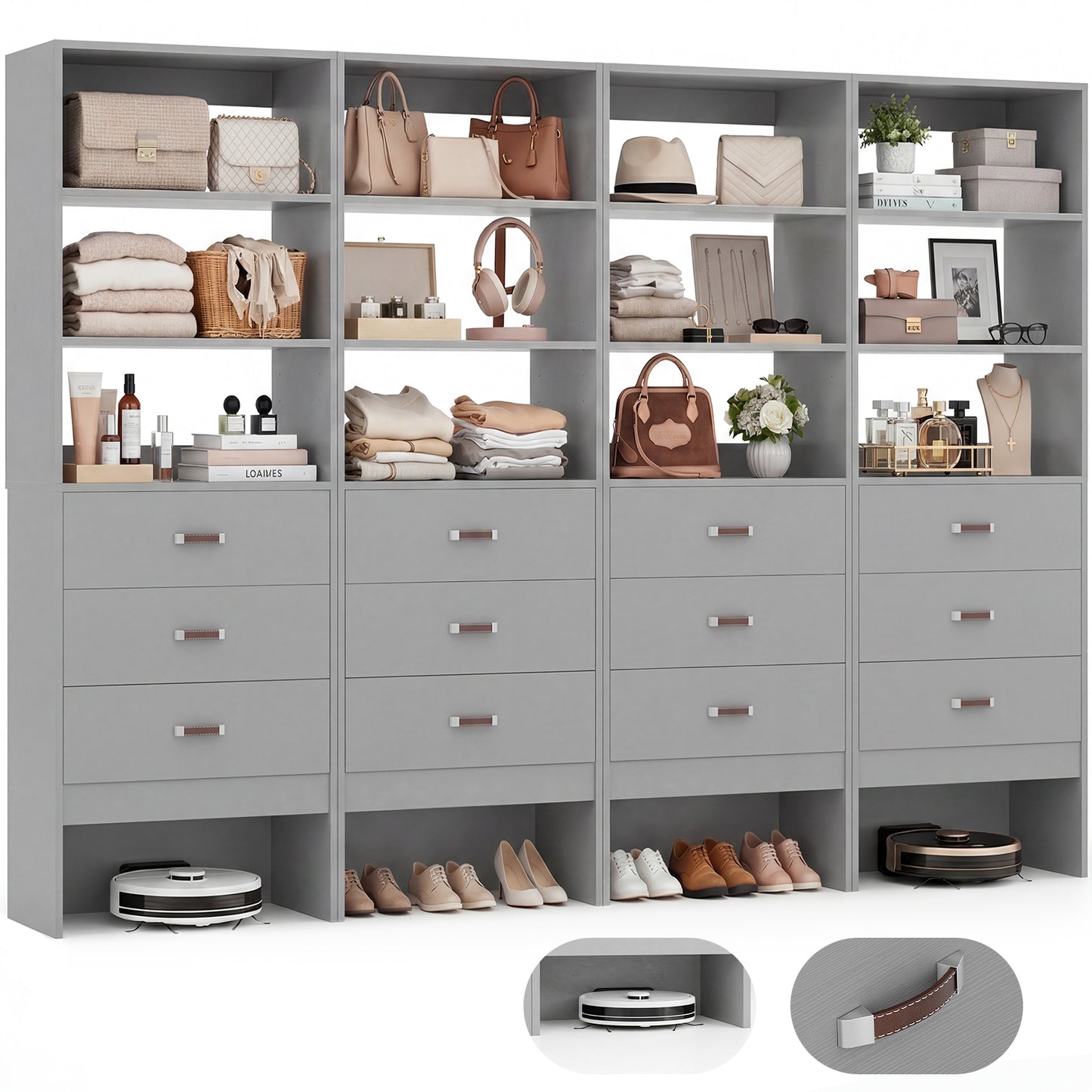Freestanding 2FT Closet System with Leather Handles, 24" Walk-in Closets Storage Unit with Cabinet, Set of 4