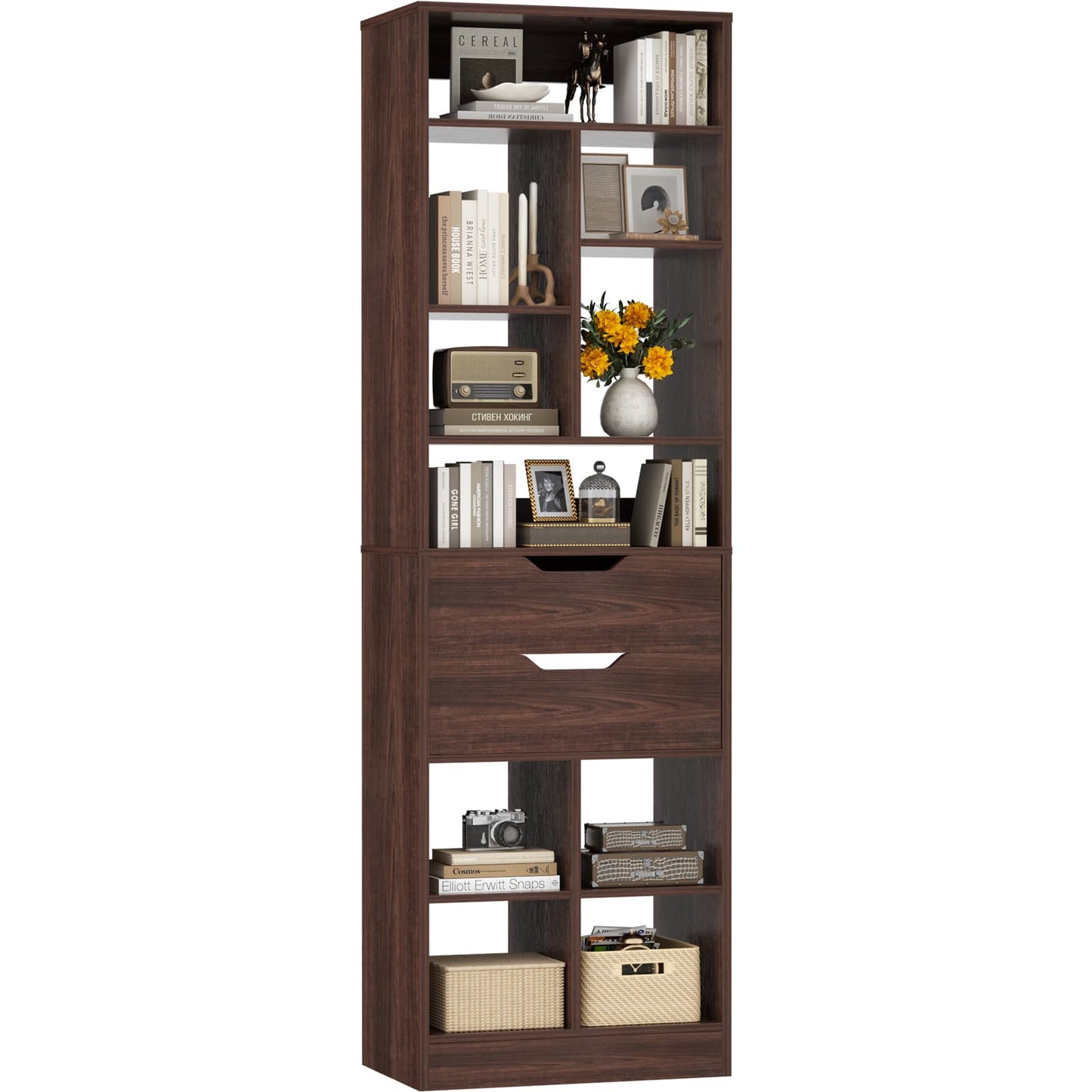 9-Tier Tall Bookshelf with Drawer, 79.7" Narrow Freestanding Bookcase, for Living Room, Home Office Bedroom