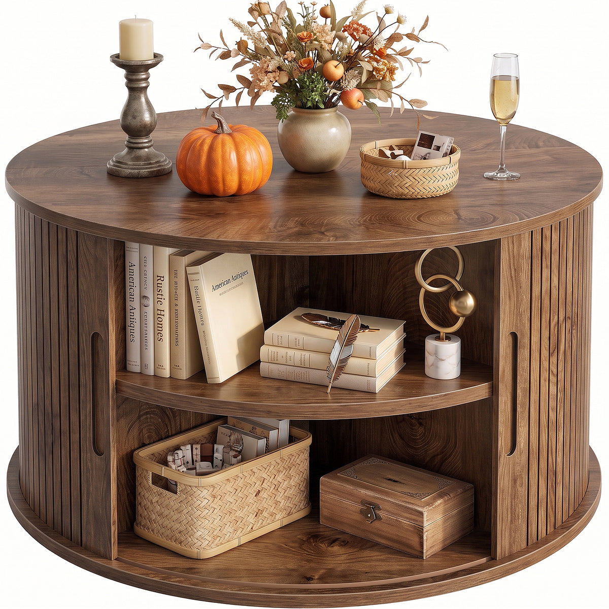 Round Coffee Table with Fluted Tambour Doors and Storage for Living Room