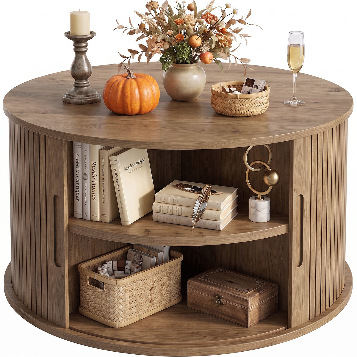 Round Coffee Table with Fluted Tambour Doors and Storage for Living Room