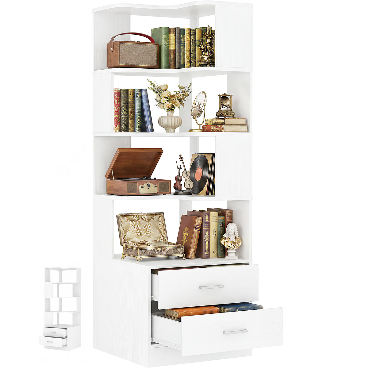 Corner Book Shelf with Drawers, Small Corner Shelf with Drawers