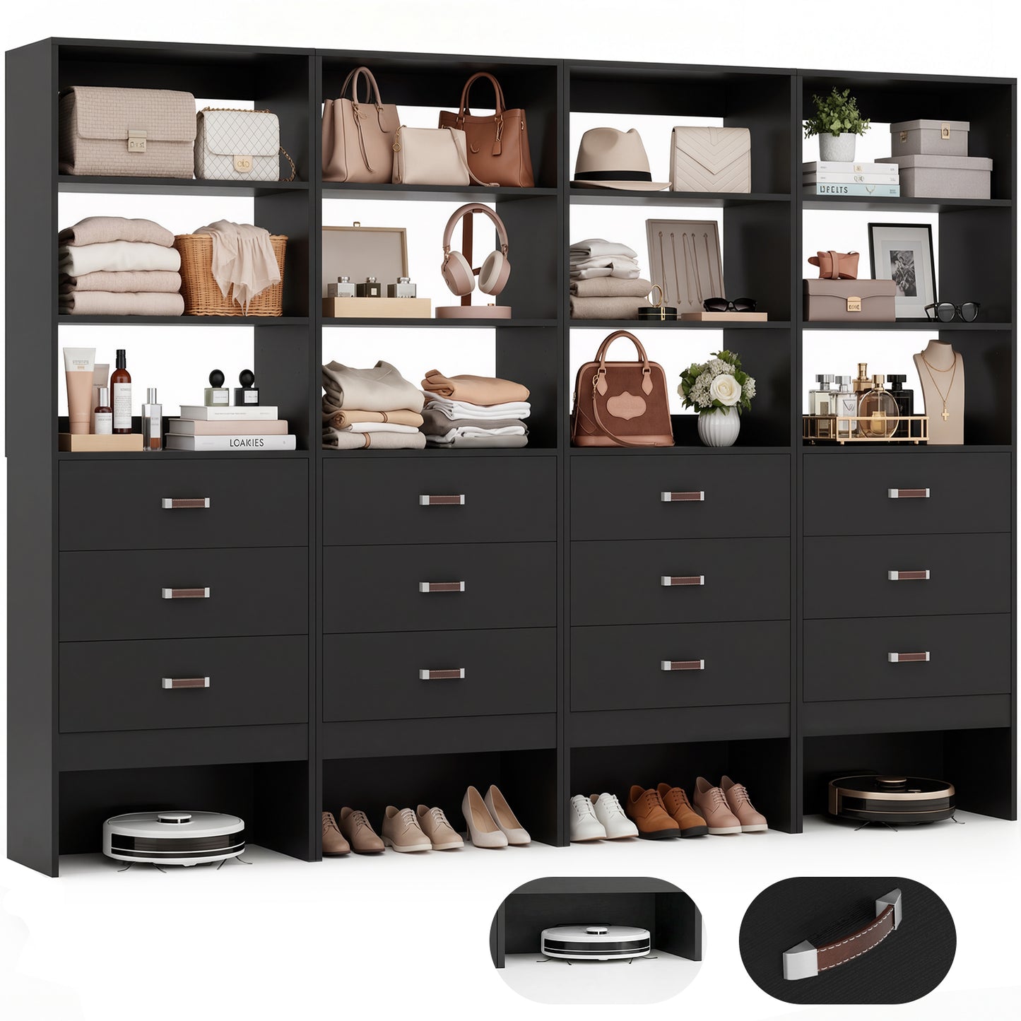 Freestanding 2FT Closet System with Leather Handles, 24" Walk-in Closets Storage Unit with Cabinet, Set of 4