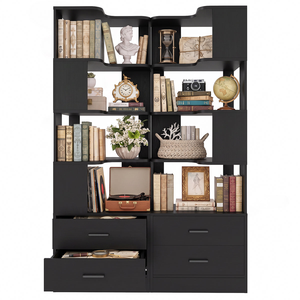 Corner Bookshelf with 4 Drawers, Small Corner Shelf with Drawers