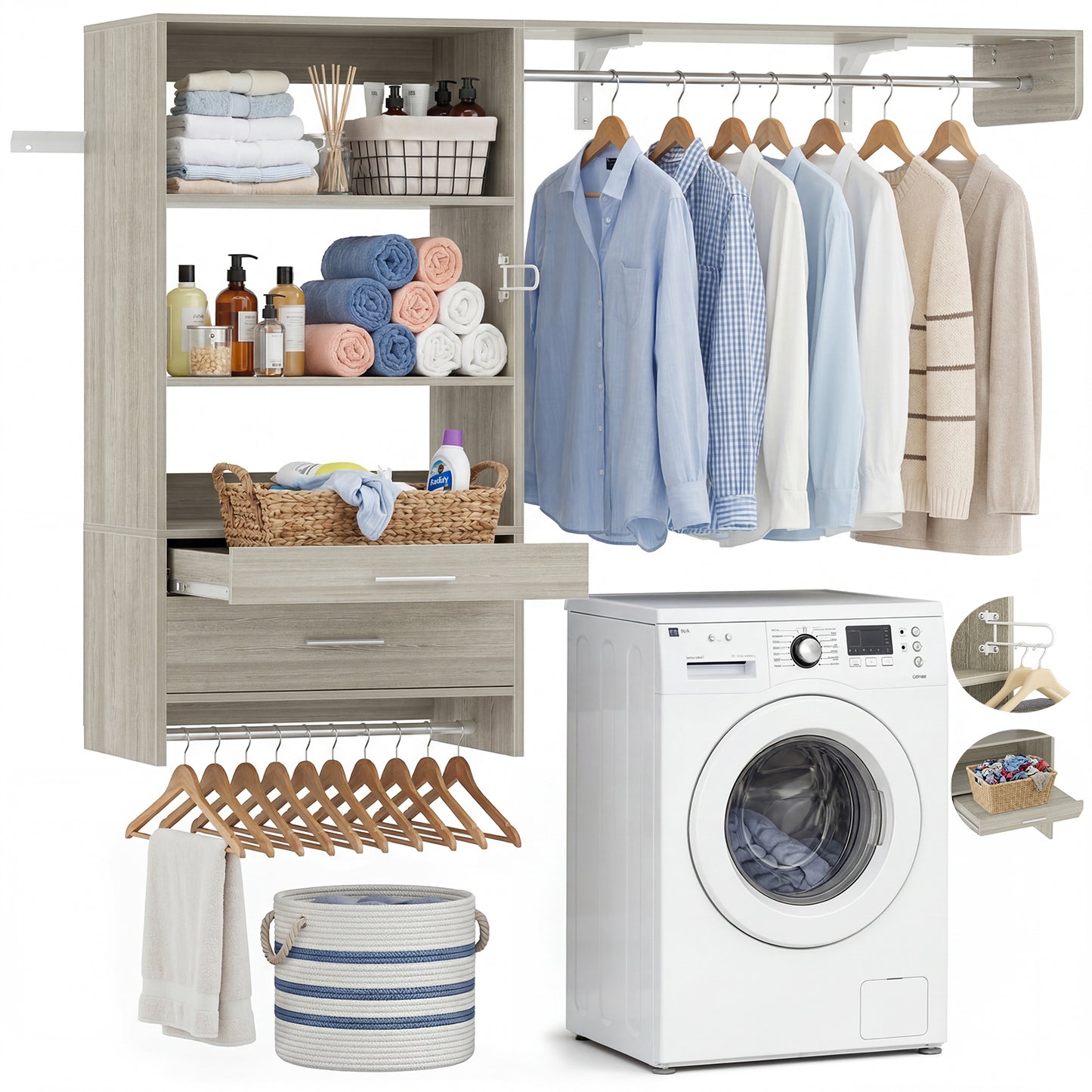 60" Wall Mounted Laundry Room Organization with Pull-out Shelf & Storage