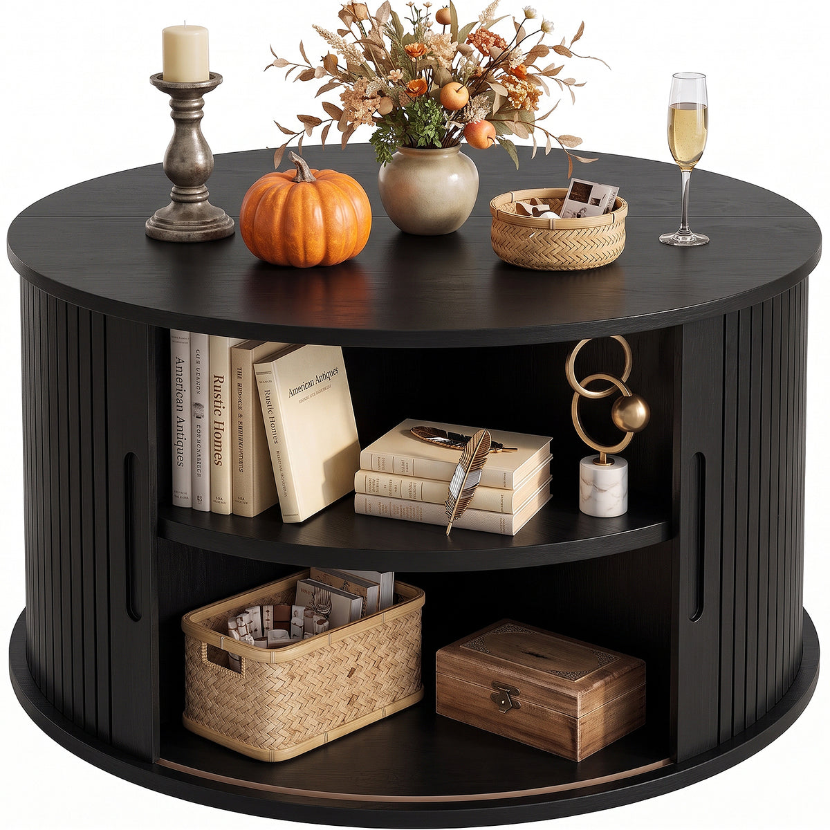 Round Coffee Table with Fluted Tambour Doors and Storage for Living Room