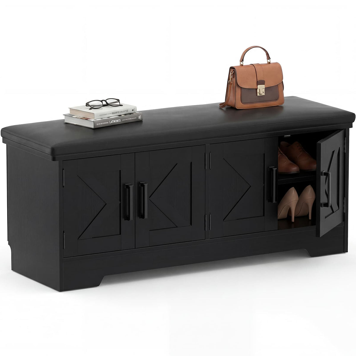 43.3" Farmhouse Shoe Storage Bench with Cushion for Entryway