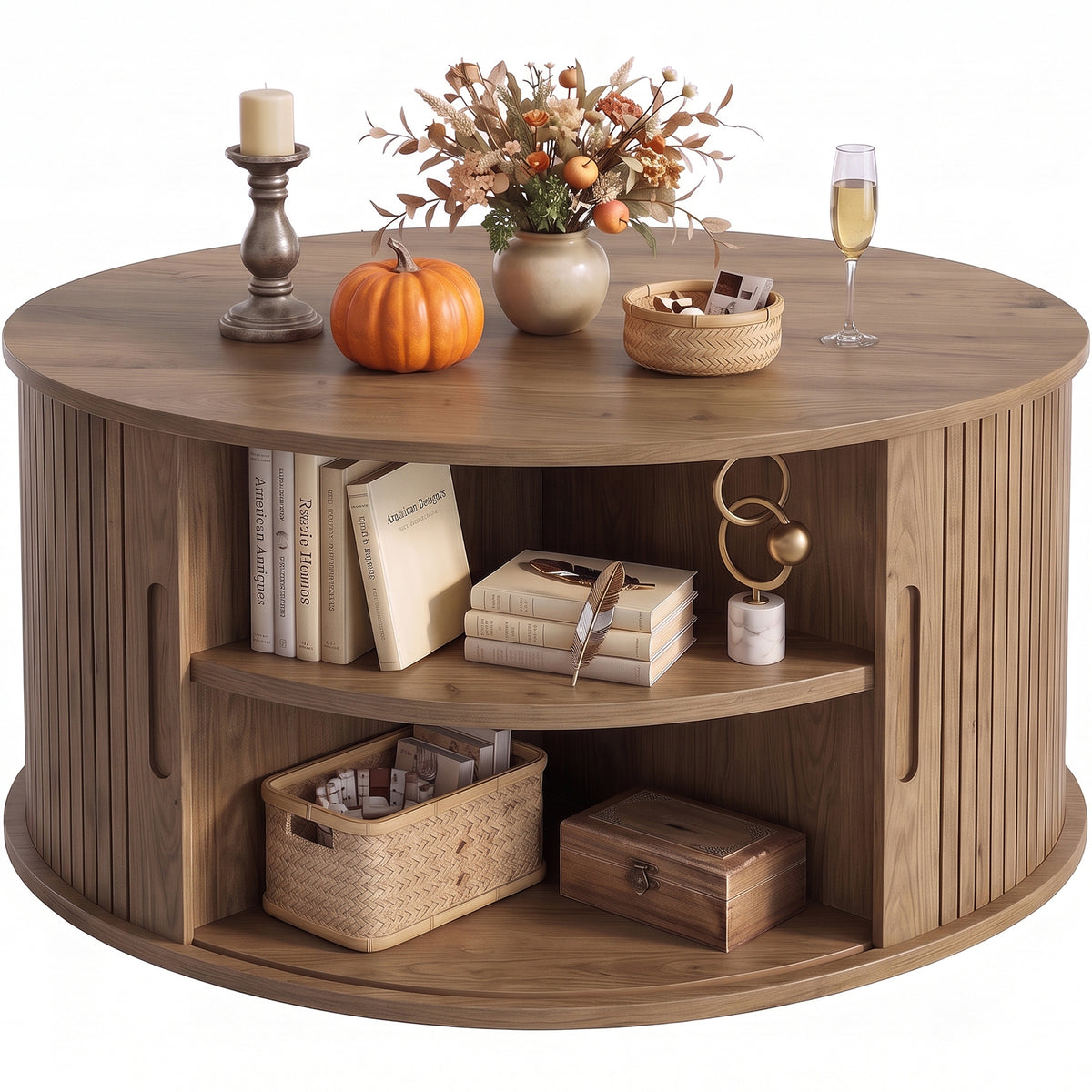 Round Coffee Table with Fluted Tambour Doors and Storage for Living Room