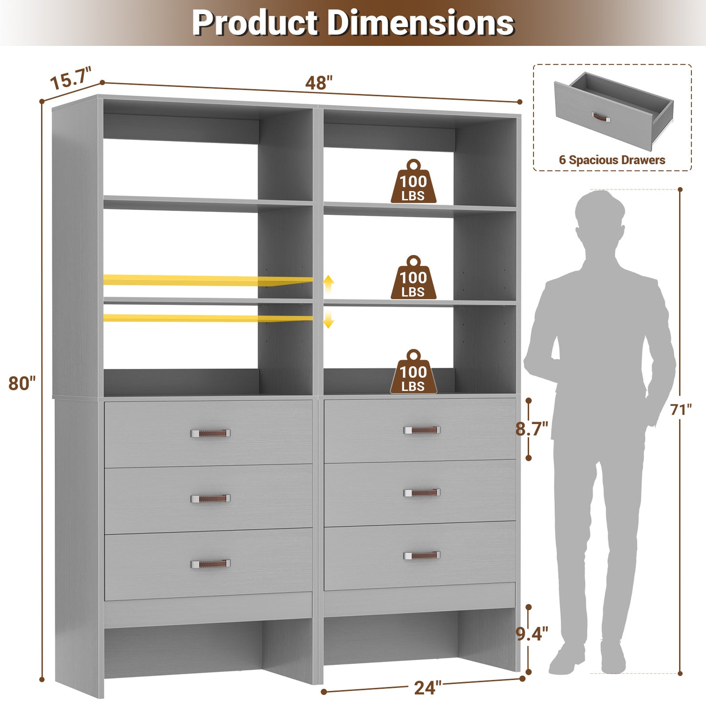 Freestanding 2FT Closet System with Leather Handles, 24" Walk-in Closets Storage Unit with Cabinet, Set of 2