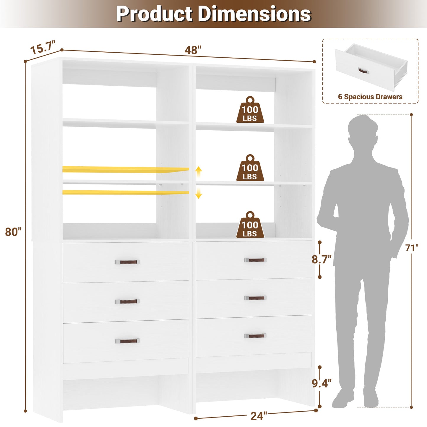 Freestanding 2FT Closet System with Leather Handles, 24" Walk-in Closets Storage Unit with Cabinet, Set of 2
