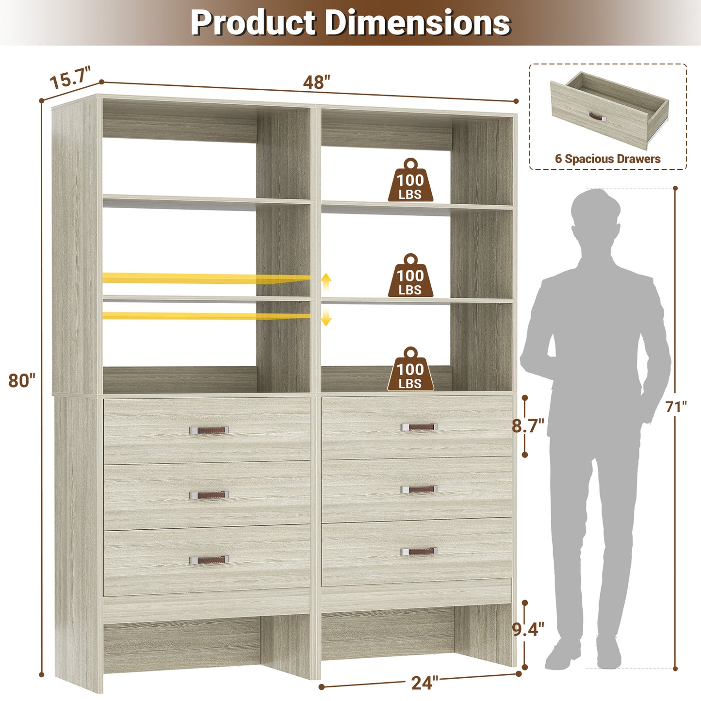 Freestanding 2FT Closet System with Leather Handles, 24" Walk-in Closets Storage Unit with Cabinet, Set of 2