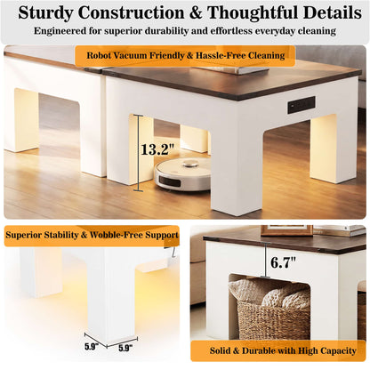 31.5" Square Coffee Table with Charging Station & LED Lights, 1" Thick Top