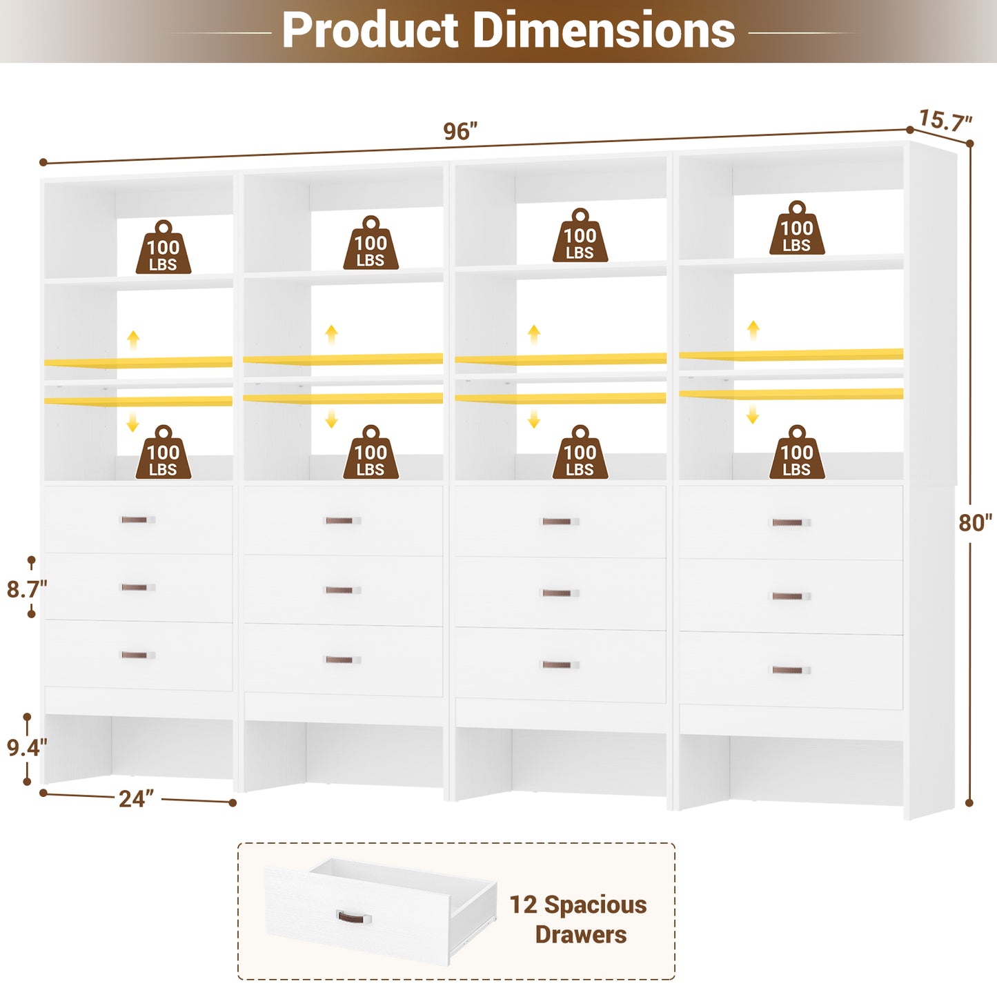 Freestanding 2FT Closet System with Leather Handles, 24" Walk-in Closets Storage Unit with Cabinet, Set of 4