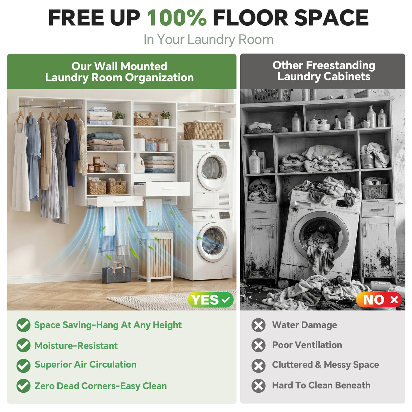 120" Large Laundry Room Organization Set with Pull-Out Drawer/Stand Shelf