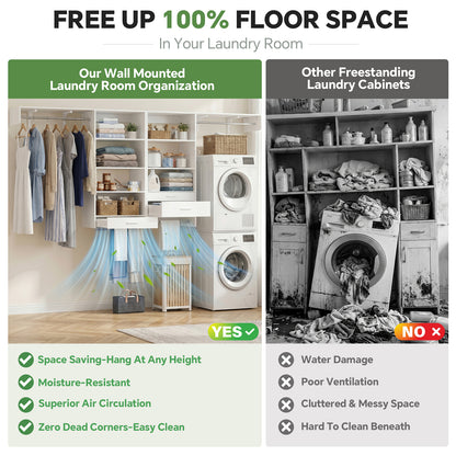 120" Large Laundry Room Organization Set with Pull-Out Drawer/Stand Shelf
