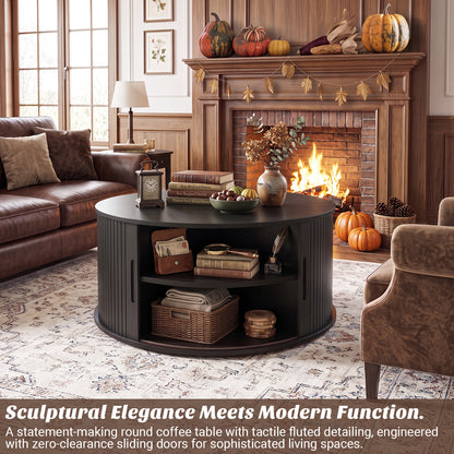 Round Coffee Table with Fluted Tambour Doors and Storage for Living Room