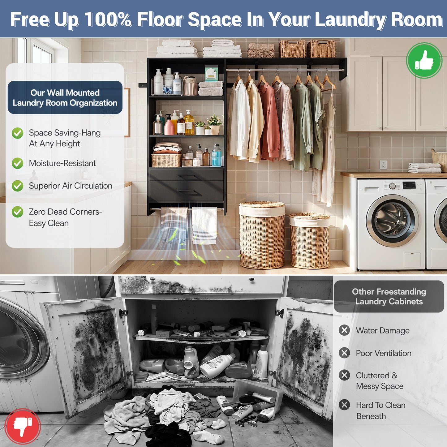 60" Wall Mounted Laundry Room Organization with Pull-out Shelf & Storage