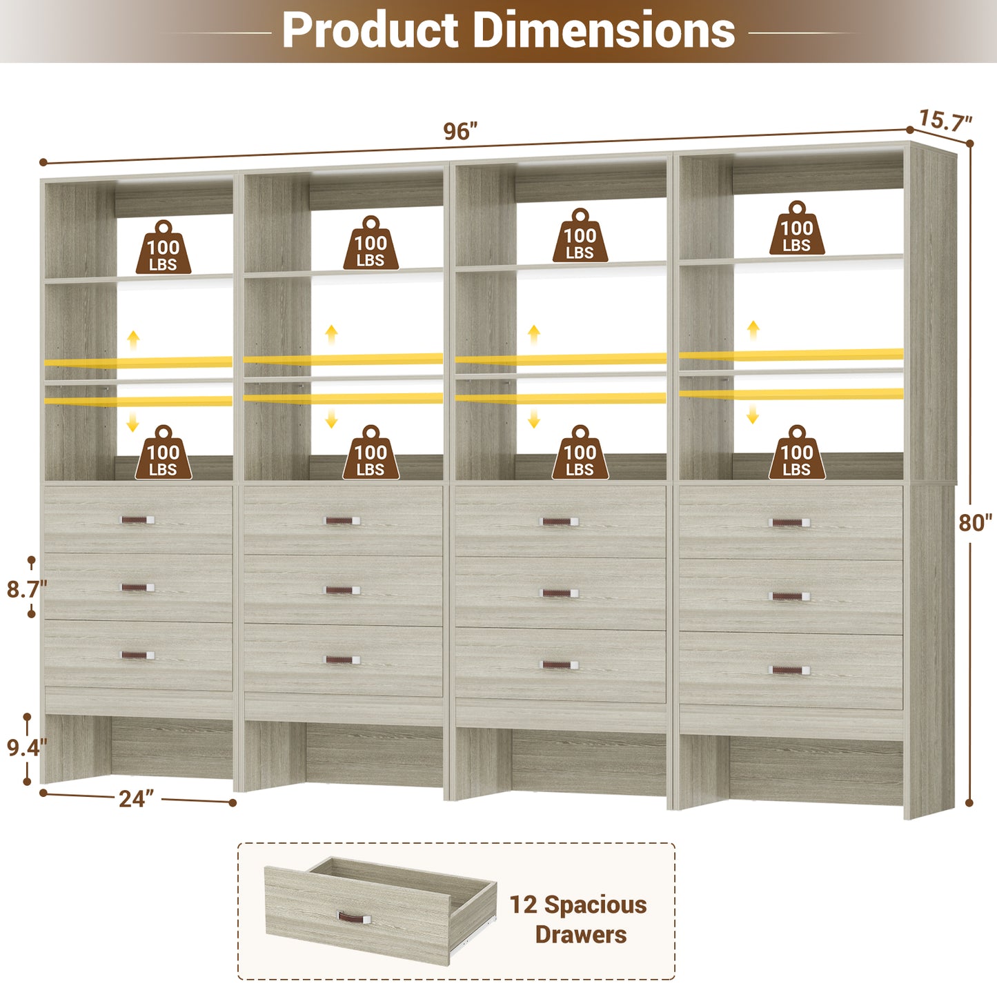 Freestanding 2FT Closet System with Leather Handles, 24" Walk-in Closets Storage Unit with Cabinet, Set of 4