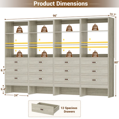 Freestanding 2FT Closet System with Leather Handles, 24" Walk-in Closets Storage Unit with Cabinet, Set of 4