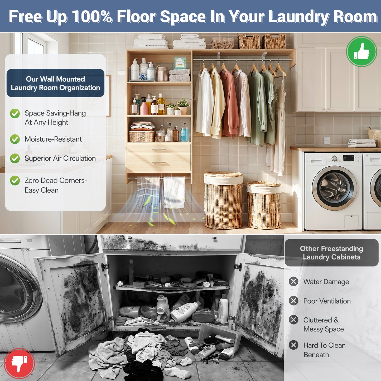 60" Wall Mounted Laundry Room Organization with Pull-out Shelf & Storage