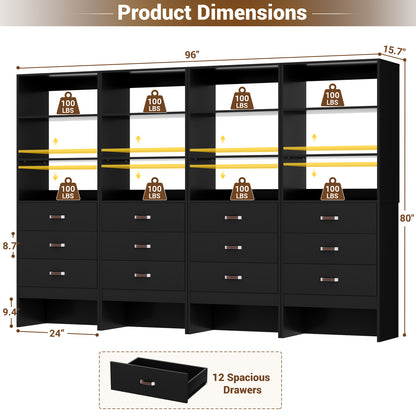 Freestanding 2FT Closet System with Leather Handles, 24" Walk-in Closets Storage Unit with Cabinet, Set of 4