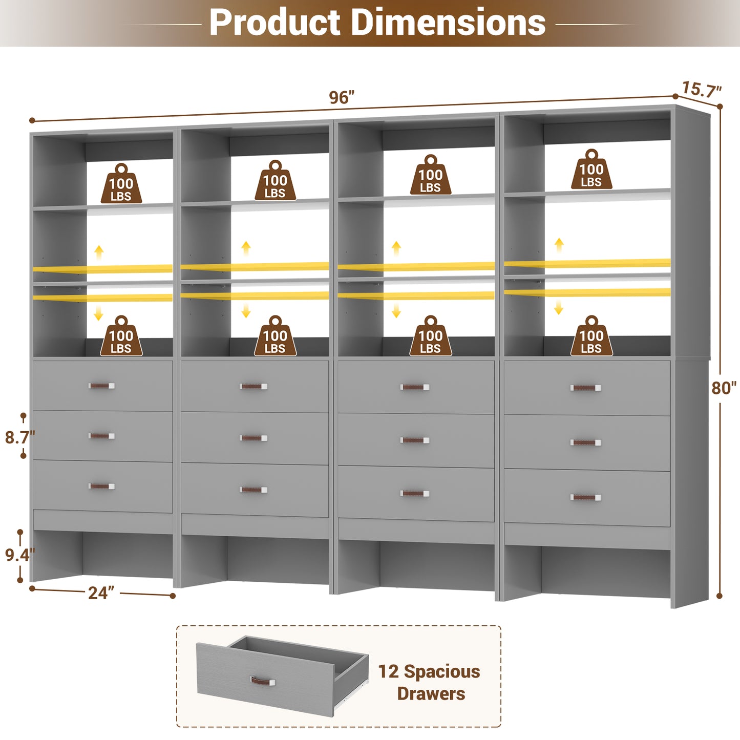 Freestanding 2FT Closet System with Leather Handles, 24" Walk-in Closets Storage Unit with Cabinet, Set of 4