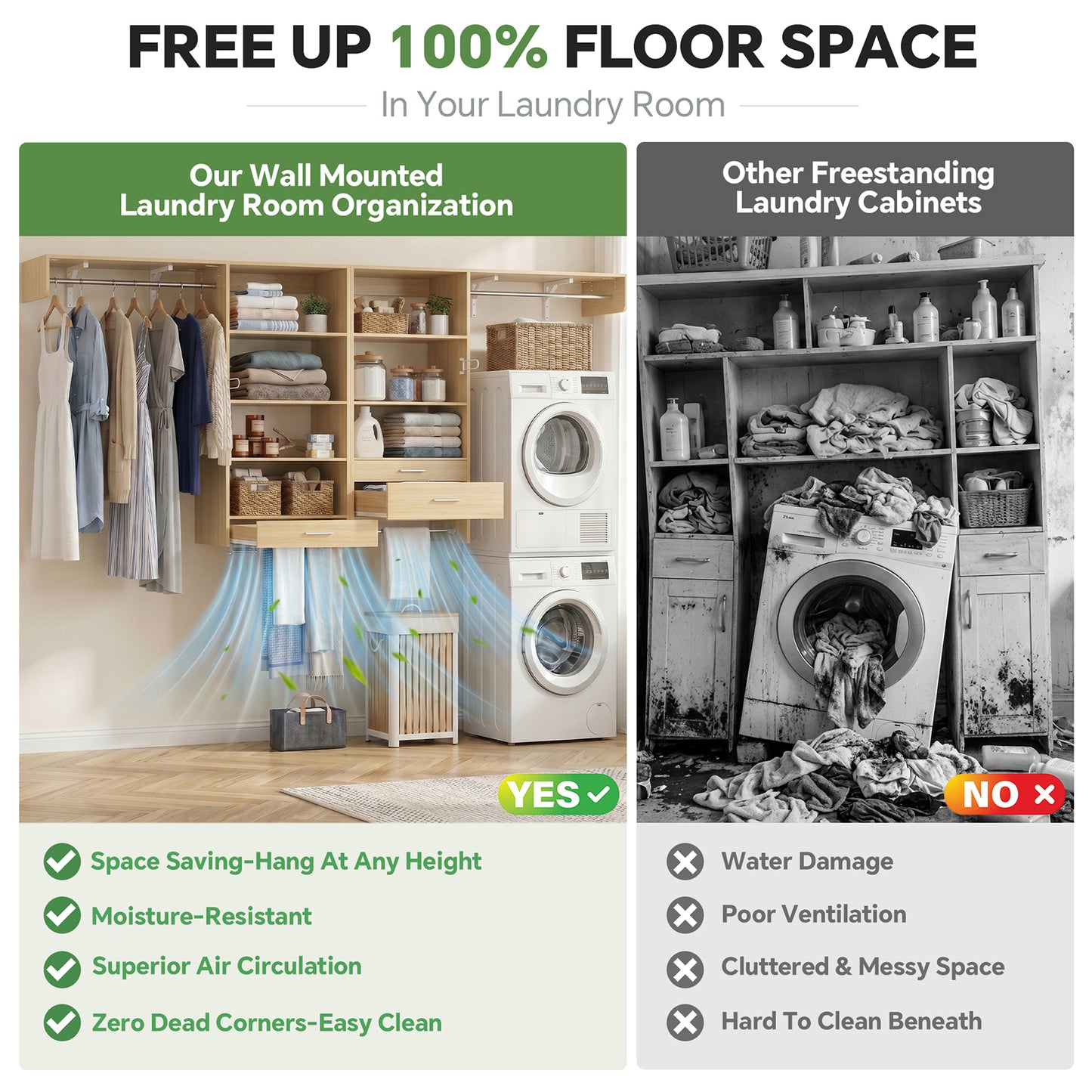 120" Large Laundry Room Organization Set with Pull-Out Drawer/Stand Shelf