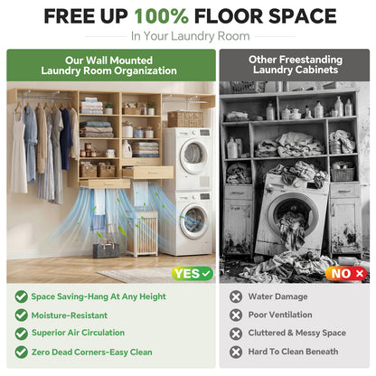 120" Large Laundry Room Organization Set with Pull-Out Drawer/Stand Shelf