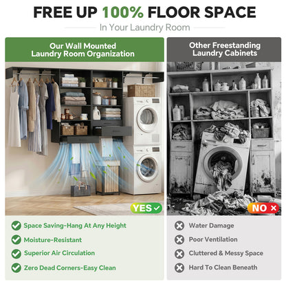 120" Large Laundry Room Organization Set with Pull-Out Drawer/Stand Shelf