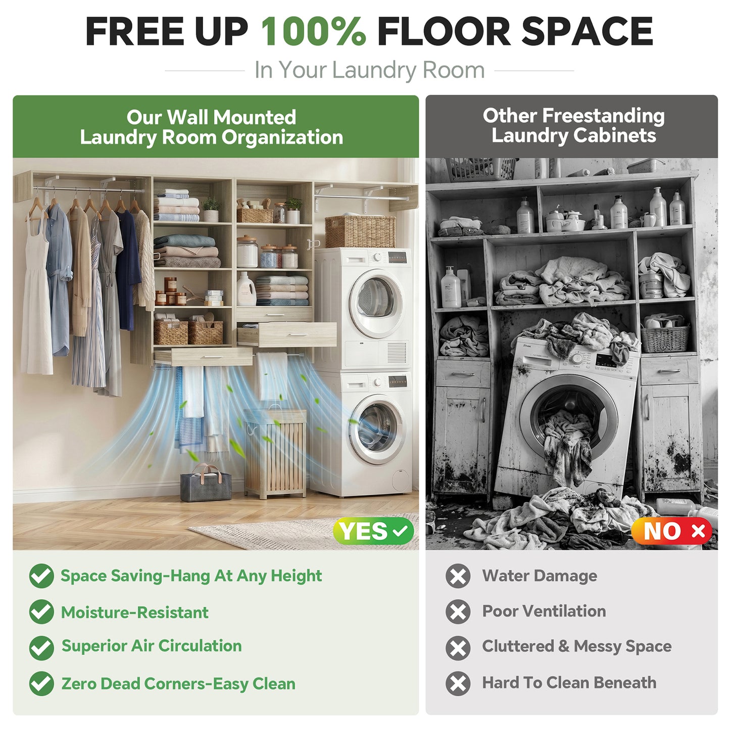 120" Large Laundry Room Organization Set with Pull-Out Drawer/Stand Shelf