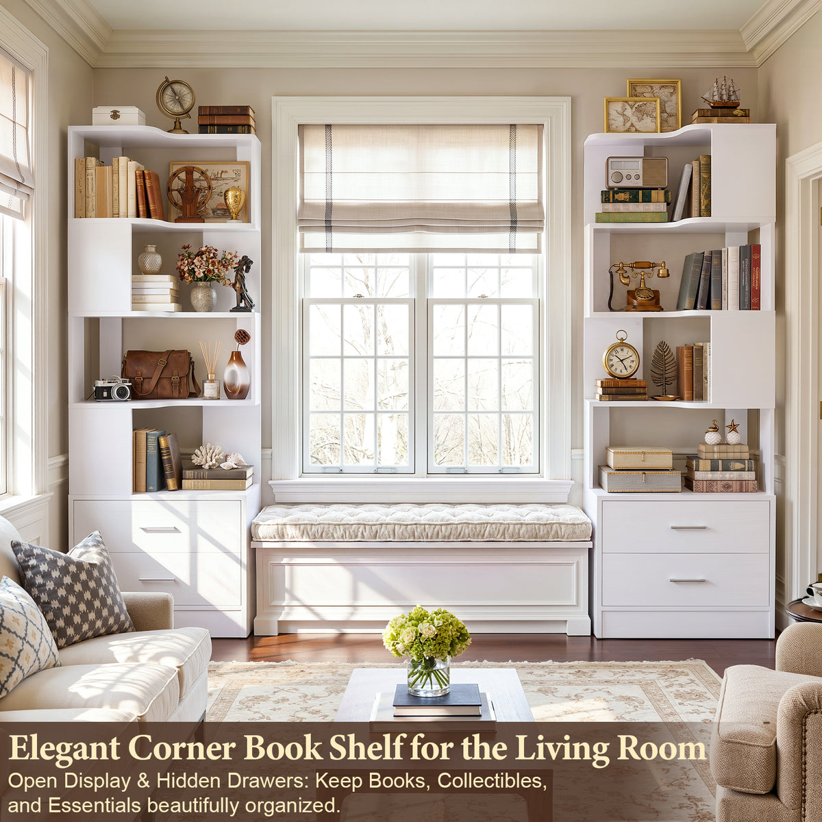 Corner Bookshelf with 4 Drawers, Small Corner Shelf with Drawers