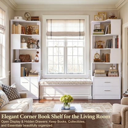 Corner Bookshelf with 4 Drawers, Small Corner Shelf with Drawers