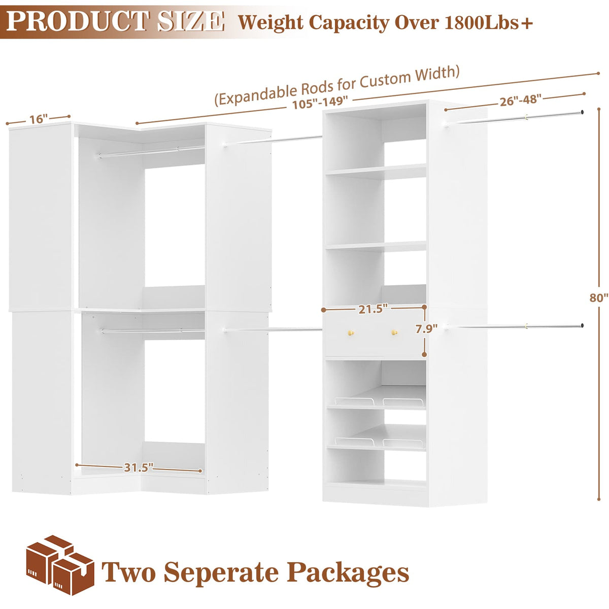 6.6-12.4 FT Expandable Corner Closet System Set of 2 with Drawer