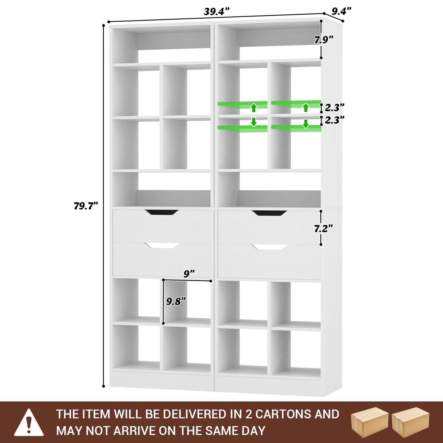 9-Tier Tall Bookshelf with 4 Drawers, 79.7" Narrow Bookcase Set of 2