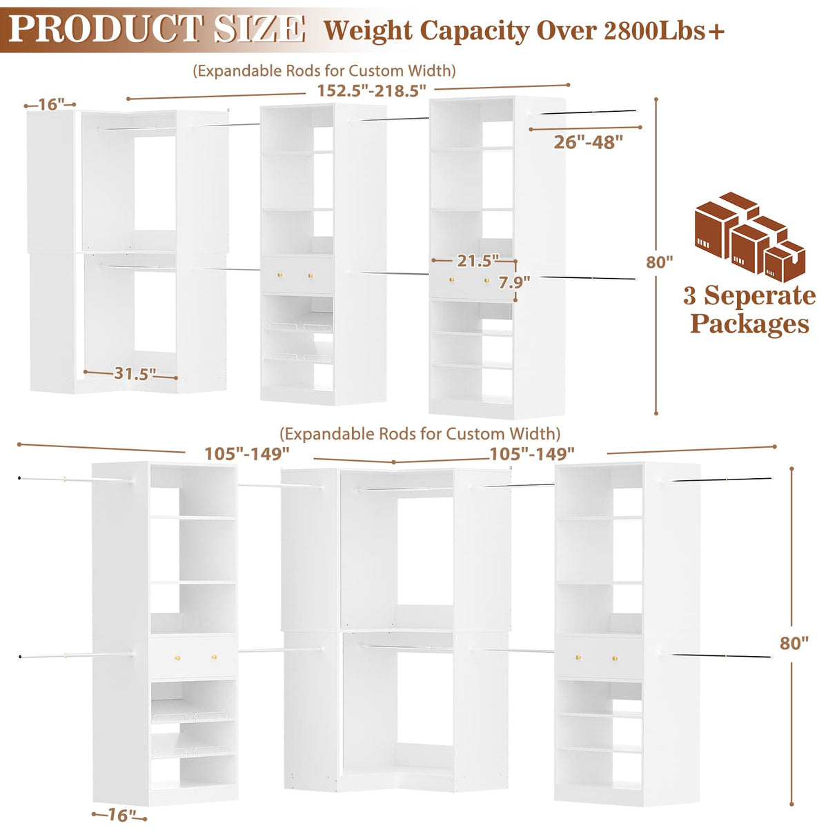 6.6-18.2 FT Expandable Corner Closet System Set of 3 with 2 Drawers
