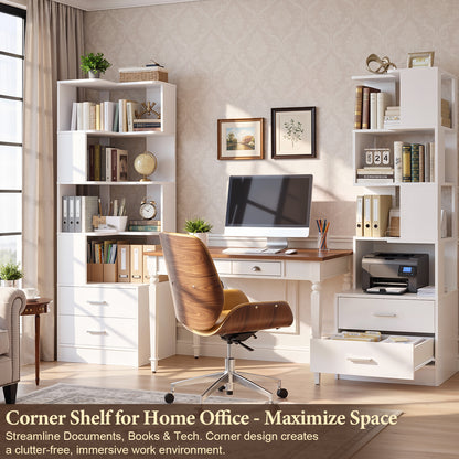 Corner Bookshelf with 4 Drawers, Small Corner Shelf with Drawers